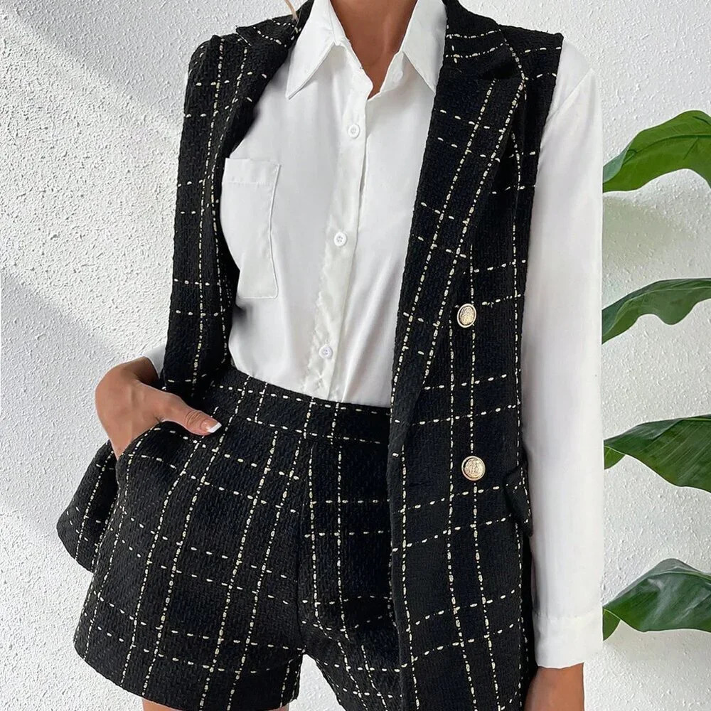 Fall Stylish Plaid Double Breasted Tweed Vest Blazer & Shorts